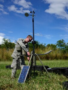 U.S. Air Force Senior Amn. Jonathan Marsh, 1-228th Aviation Regiment weather forecaster, sets up a Tactical Meteorological Observing System during air load and fly-away training on Soto Cano Air Base, Honduras, Nov. 25, 2014.  During the training members of the U. S. Southern Command Situational Assessment Team received training on setting up a Pre-Positioned Expeditionary Assistance Kit to help prepare the team respond efficiently to humanitarian assistance and disaster response situations throughout U.S. Southern Command’s area of responsibility.   The training focused on S-SAT familiarization, hands on training and a combined culminating fly-away event between JTF-Bravo S-SAT personnel, Army Forces Battalion, and 1-228th Aviation Regiment in preparation for an upcoming exercise. (U.S. Air Force photo/Tech. Sgt. Heather Redman)