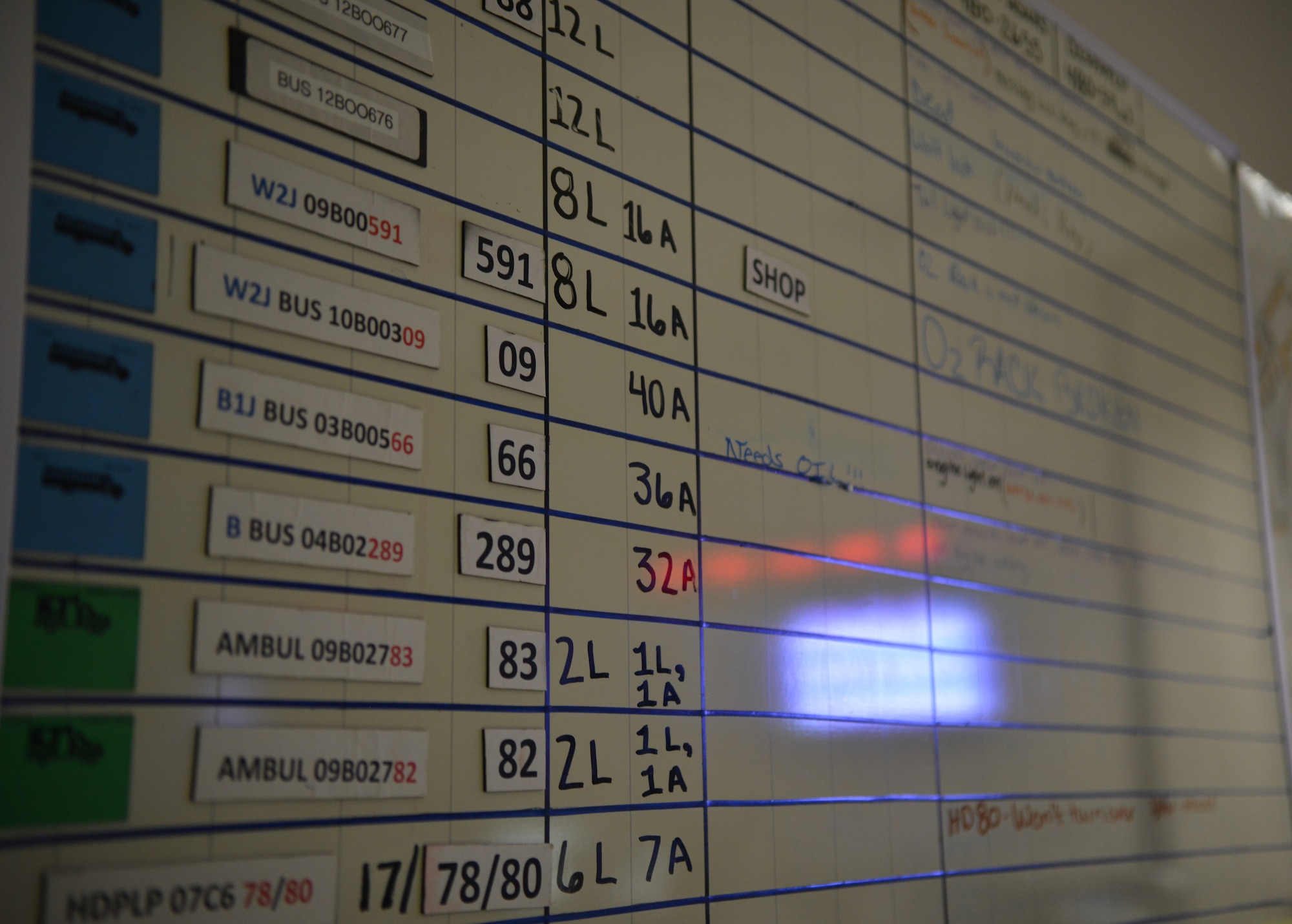 A white board inside the Contingency Aeromedical Staging Facility with all vehicles assigned to the unit ensures maximum flexibility during missions on Ramstein Air Base, Germany, Nov. 20, 2014. Airmen at the CASF ensure those injured down range have a smooth transition back home and into the arms of their loved ones. (U.S. Air Force photo/Senior Airman Hailey Haux)