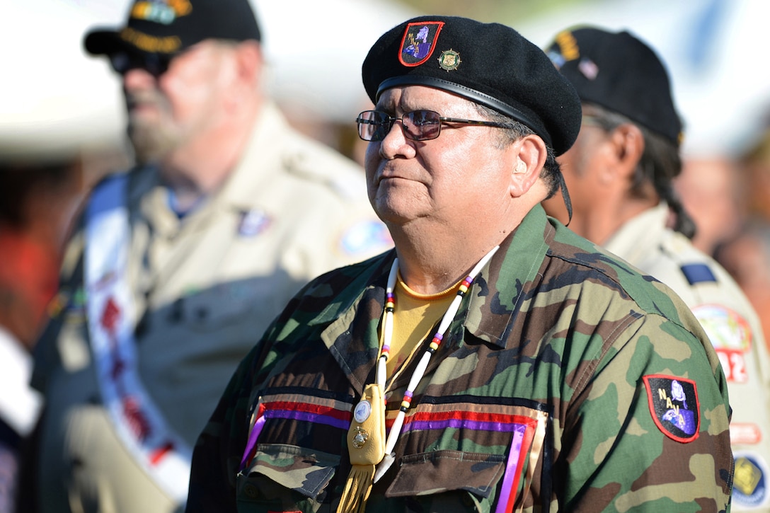 Antonio Quezada, a Marine Corps veteran from the White Mountain Apache tribe, participates in the Native American Veterans Association's annual Veterans Appreciation and Heritage Day Pow Wow in South Gate, Calif., Nov. 9, 2014. DoD photo by Marvin Lynchard