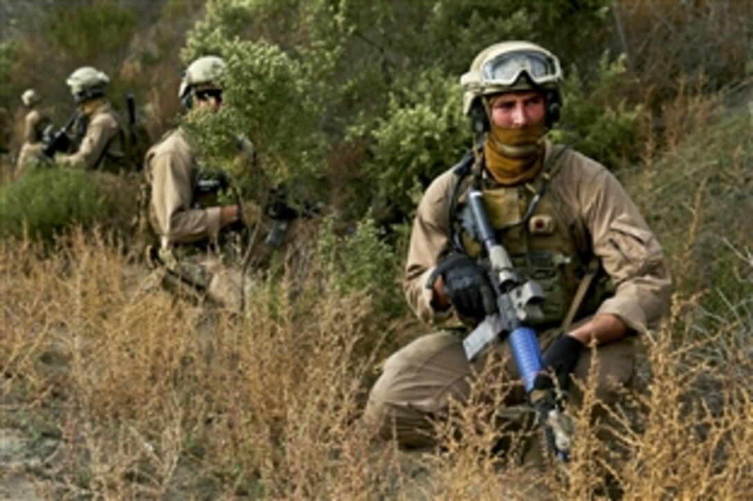 Marines provide security during interoperability training on Camp Pendleton, Calif., Nov. 15, 2014. The Marines are assigned to Battalion Landing Team 3rd Battalion, 1st Marine Regiment, 15th Marine Expeditionary Unit. The training further integrated the Marines into the unit's Maritime Raid Force’s Security Element. 