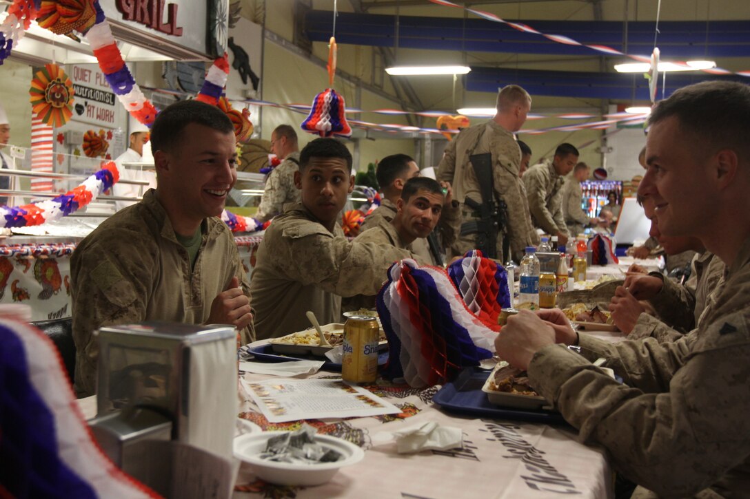 Marines with 3rd Battalion, 9th Marine Regiment, Regimental Combat Team 7, enjoyed a Thanksgiving Day meal, Nov. 22, 2012 at Forward Operating Base Geronimo, Afghanistan. The meal helped build camaraderie within the battalion.