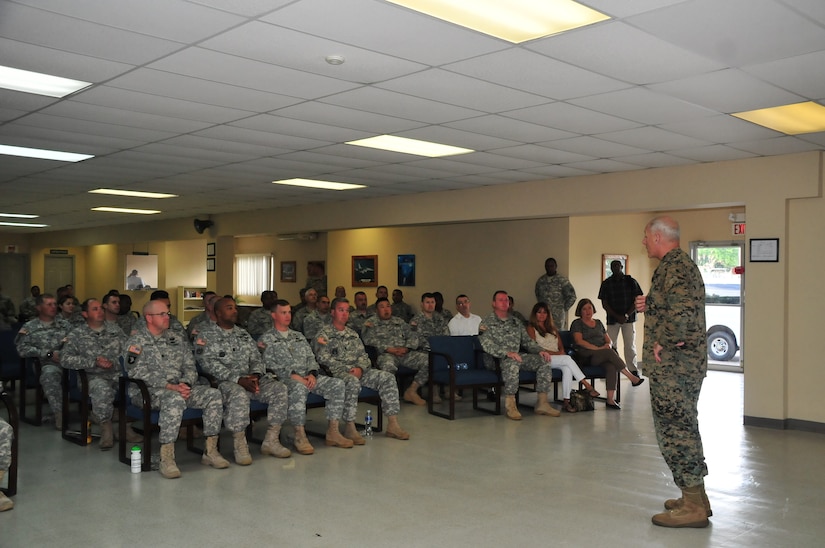 U.S. Marine General  John Kelly, Commander, U.S. Southern Command spoke with members of Joint Task Force-Bravo about the current issues of SOUTHCOM and thanked them for their hard work and dedication at Soto Cano Air Base, Honduras, Nov. 27, 2014. General Kelly visited the service members of JTF-Bravo to thank them for their service and to wish them a happy Thanksgiving Day. (U.S. Air Force photo by Capt. Connie Dillon)