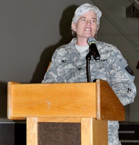 Col. Giselle Wilz, operations officer for Multi-National Battle Group-East, speaks at an event marking Women's History Month on Camp Bondsteel, Kosovo March 5, 2010.