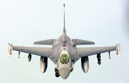 An F-16 Fighting Falcon flies a close-air-support mission over Iraq on May 7, 2006. The F-16, from Hill Air Force Base, Utah, was deployed to Balad Air Base, Iraq, in support of Operation Iraqi Freedom.