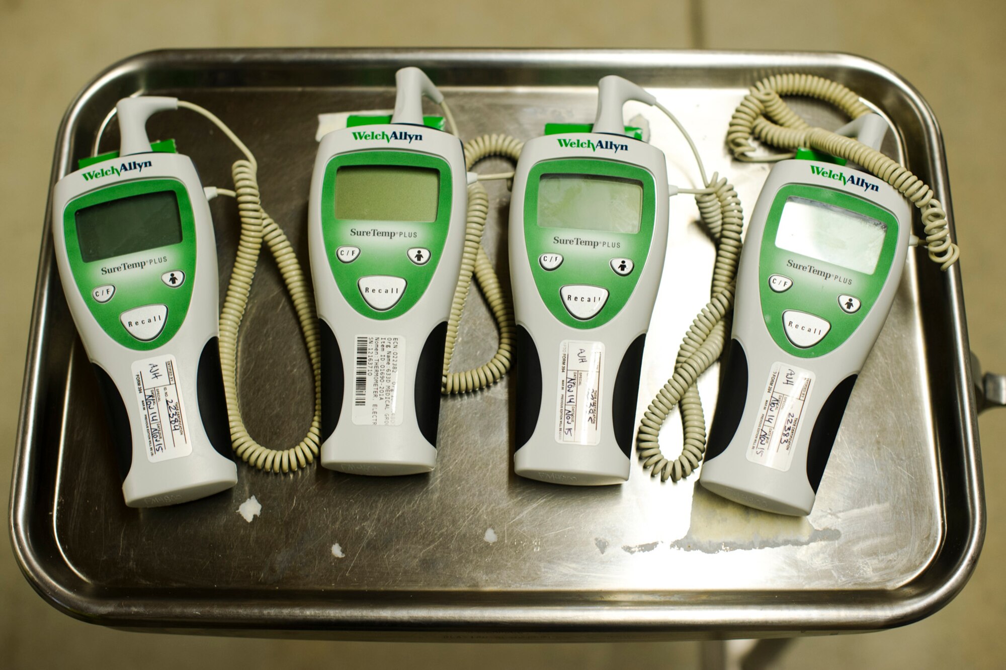 Thermometers used to check U.S. Service members temperatures at the Langley Transit Center wait to be used at Joint Base Langley-Eustis, Va., Nov. 27, 2014. The members recently returned from Liberia supporting Operation United Assistance, a Department of Defense operation in Liberia to provide logistics, training and engineering support to U.S. Agency for International Development-led efforts to contain the Ebola virus outbreak in West Africa. (U.S. Air Force photo by Staff Sgt. Gustavo Gonzalez/Released)