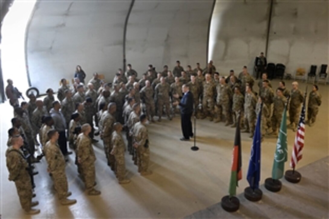U.S. Deputy Defense Secretary Bob Work engages in an informal question-and-answer session with soldiers assigned to the International Security Assistance Force Joint Command in Kabul, Afghanistan, Nov. 28, 2014. Work traveled to Afghanistan to personally thank deployed troops on Thanksgiving Day for their service and sacrifice this holiday season.