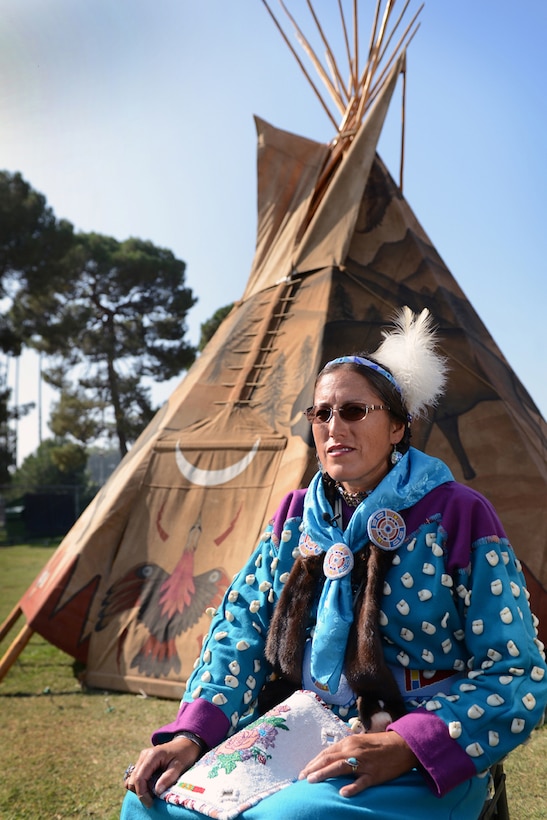 Retired Navy Chief Petty Officer Old Horn-Purdy, from the Crow tribe, sits during the Native American Veterans Association's annual Veterans Appreciation and Heritage Day Pow Wow in South Gate, Calif., Nov. 8, 2014.