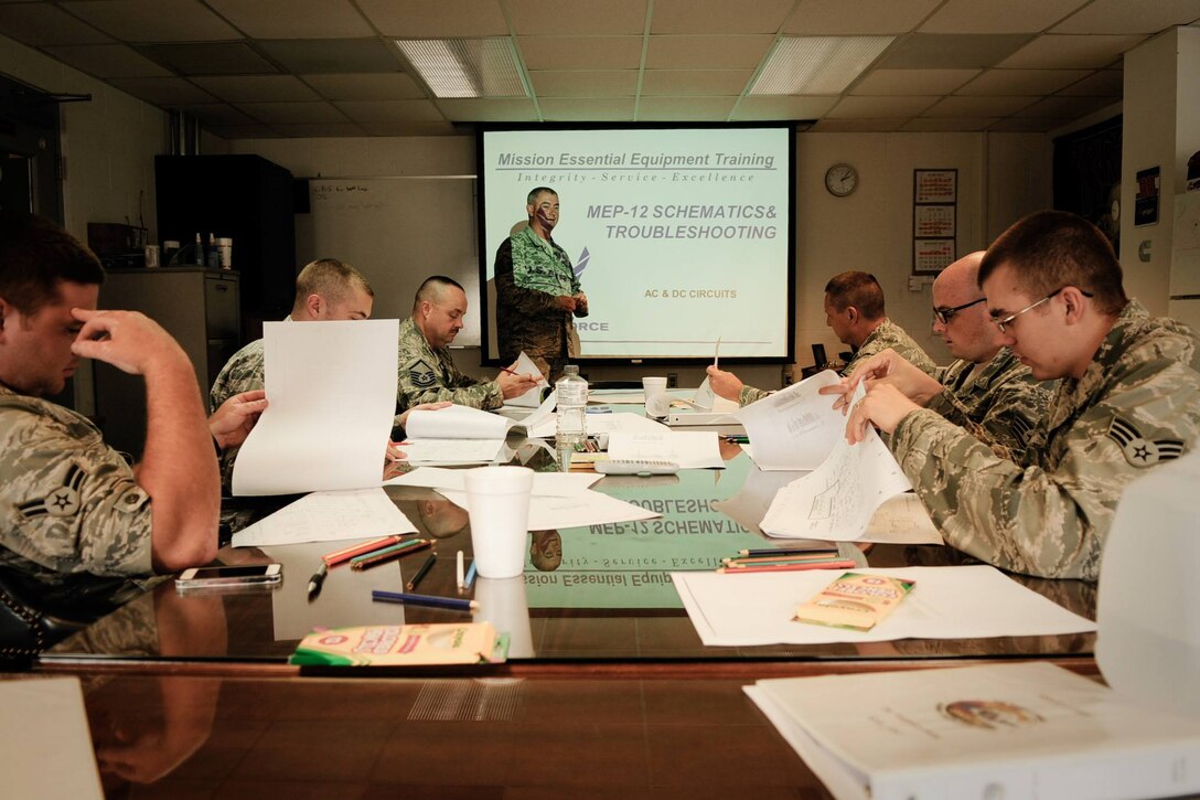 U.S. Air Force Master Sgt. Brandon Scott, instructor for the 145th Civil Engineer Squadron, reviews Mission Essential Equipment training with airmen from the 149th CES, Joint Base San Antonio, Texas at the 145th CES Regional Training Site, New London, N.C., July 20, 2014. The training is part of an ongoing project to renovate and transform an abandoned school into a 2nd Tarheel ChalleNGe site. Airmen will use heavy equipment to remove landscaping and clear terrain around future Tarheel Challenge Academy site in New London, North Carolina. The Tarheel ChalleNGe is a quasi-military style program that helps teens, ages 16 to 18, get their GED and develop life coping skills to prepare them for future employment or further education endeavors. (U. S. Air National Guard photo by Technical Sgt. Eric Wilson/Released)