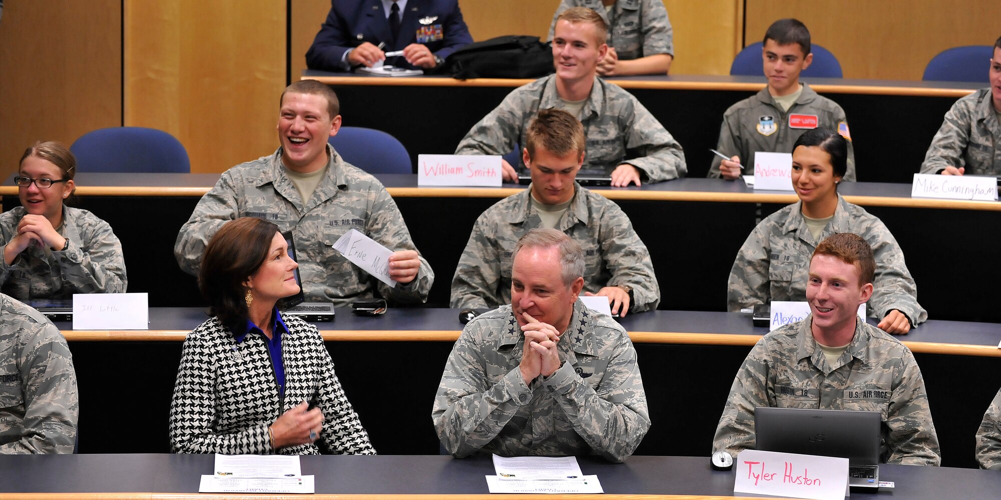 Air Force Chief of Staff Gen. Mark A. Welsh III and his wife, Betty, sit in a Behavioral Science 110 class in Fairchild Hall Sept. 29, 2014, during the Welsh's weeklong visit to the U.S. Air Force Academy, Colo. During the visit, they met with Airmen, cadets and civilian staff. Welsh also hosted an all call for the 10th Air Base Wing, specifically addressing civilian concerns and thanking Airmen for all they do to support the Academy's mission of developing leaders of character. (U.S. Air Force photo/Jason Gutierrez)
