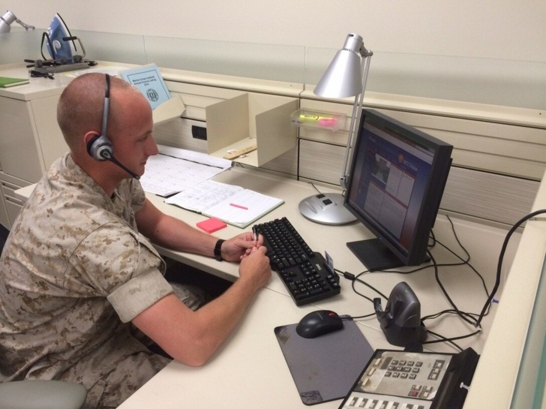 Cpl. Jamison A. Sharp fields calls as a Student Services Clerk for the Marine Corps Institute. Cpl. Sharp is an 0111 Administrative Specialist from Paw Paw, Mich. 