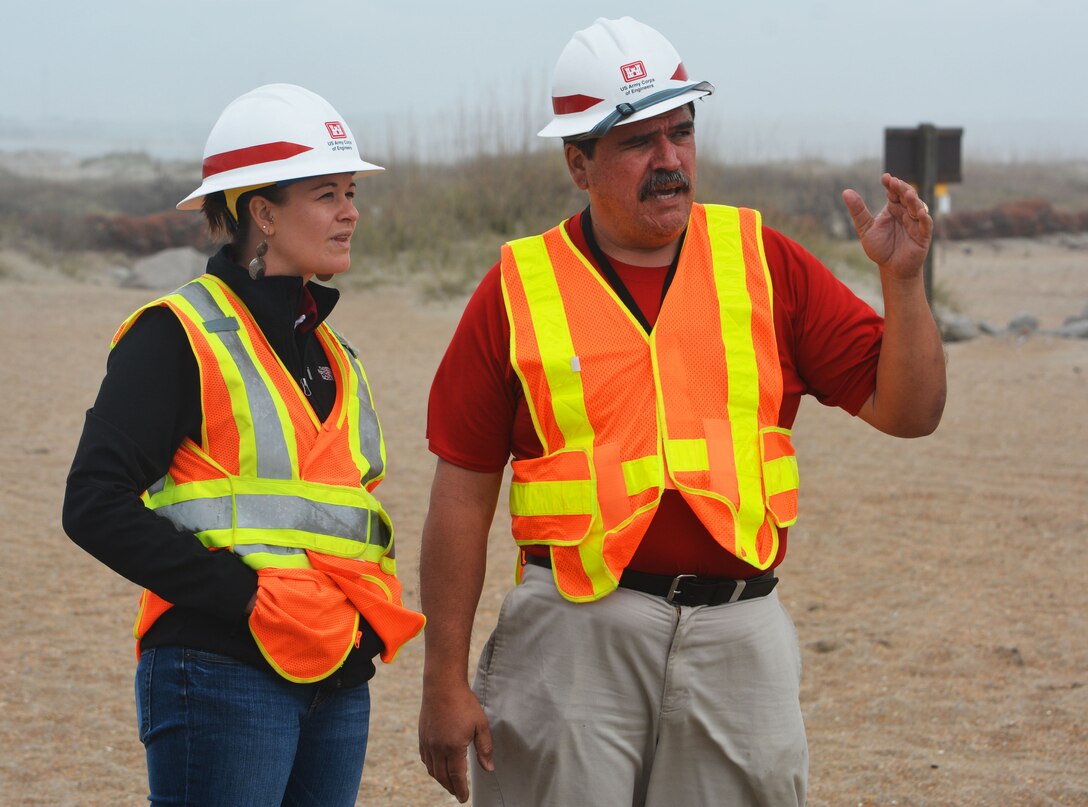 Civil engineers Laura Mathieu and Rolando Serrano check the progress of a Storm Damage Reduction Project in Morehead City, North Carolina. The U.S. Army Corps of Engineers recognizes the critical role that Science, Technology, Engineering and Mathematics (STEM) education plays in enabling the U.S. to remain the economic and technological leaders of the global marketplace, and enabling the Department of Defense and Army in the security of the Nation. USACE is committed to teaming with others to strengthen STEM-related programs that inspire current and future generations of young people to pursue careers in STEM fields. 