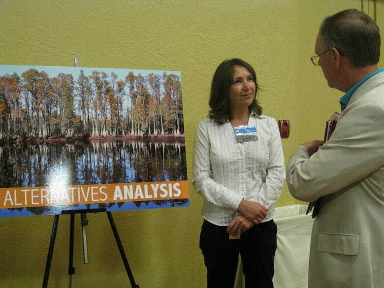 Alisa Zarbo, senior project manager, Palm Beach Gardens Regulatory Section gave a presentation on alternatives analysis at the Bradenton, Florida Open House June 25. She illustrated how permit applicants must demonstrate that they have considered enough alternatives for their project to show that the selected alternative is the least environmentally damaging practicable alternative. The series of presentations was followed at each venue by an informal poster session, during which attendees could meet one-on-one with Regulatory team members.  