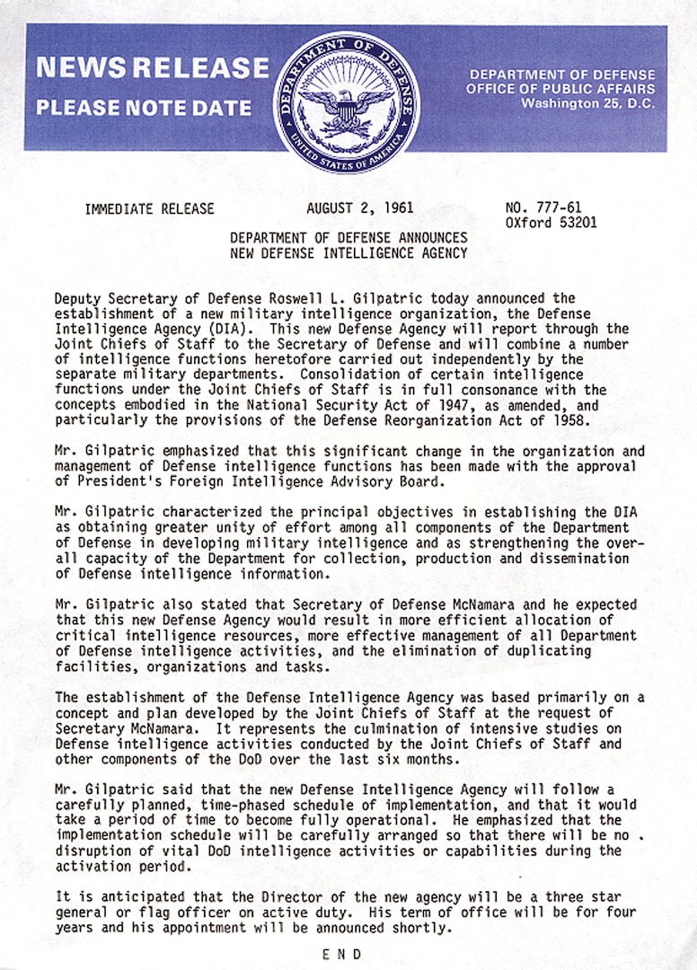 A press release announcing the establishment of DIA. The agency began operations Oct. 1, 1961. 