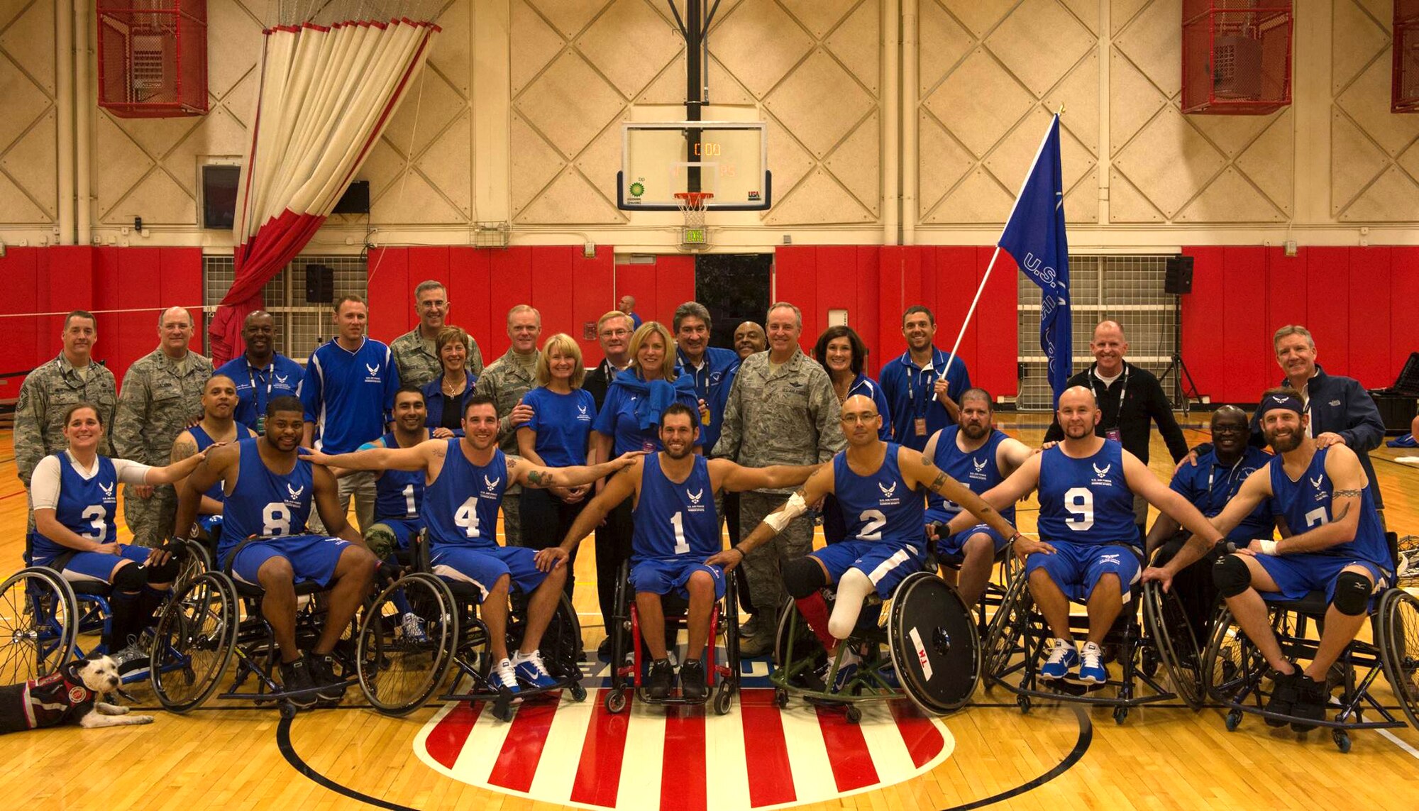 Secretary of the Air Force Deborah Lee James, Chief of Staff of the Air Force Gen. Mark A. Welsh III, and Chief Master Sgt. of the Air Force James A. Cody were in attendance to watch the Air Force take on U.S. Special Operations Command in a game of wheelchair basketball Sept. 30, 2014, during  Warrior Games in Colorado Springs, Colo. Air Force won the game 29-12. (U.S. Air Force photo/Senior Airman Tiffany Denault)
