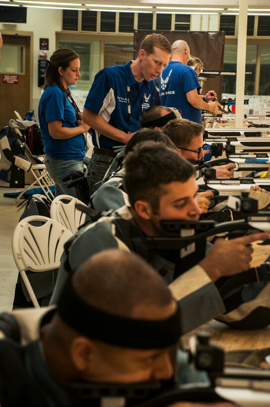 The Air Force Wounded Warrior shooting team practices Sept. 26, 2014, before the 2014 Warrior Games at the U.S. Olympic Training Center in Colorado Springs, Colo. More than 200 wounded, ill and injured service members and veterans are currently participating in the games. (U.S. Air Force photo/Staff Sgt. Julius Delos Reyes)