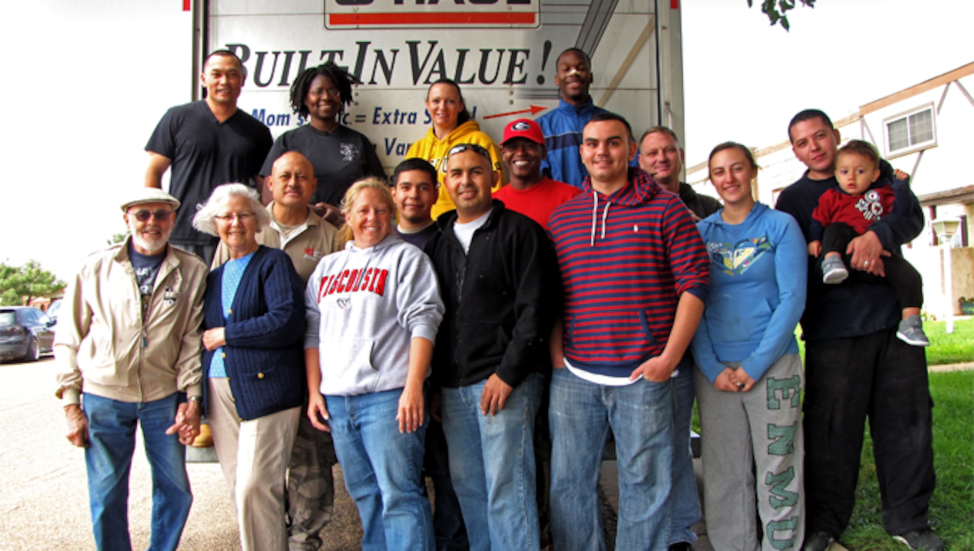 Members of the 27th Special Operations Logistics Readiness Squadron pose with Jack Lapp, retired U.S. Air Force technical sergeant, and his wife Mavis, after they selflessly volunteered their time and resources to help the Lapps move their personal belongings from Clovis, N.M. to Lubbock, Texas. These Cannon Air Force Base, N.M. Air Commandos planned and implemented the move when standard operating procedures said it couldn’t be done. (Courtesy photo)