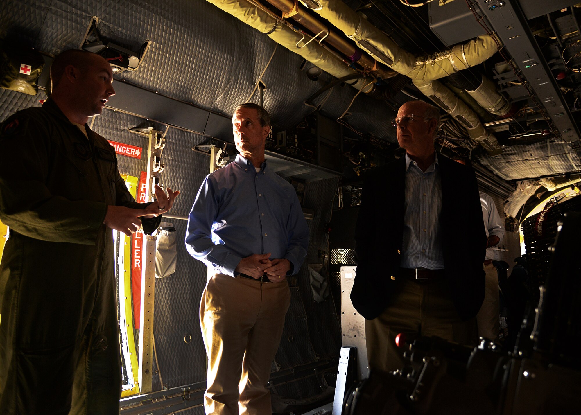 Reps. Mac Thornberry, House Armed Services Committee vice chairman, and Steve Pearce, House Financial Services member, are given a tour of Team Cannon’s aerial assets Sept. 25, 2014 at Cannon Air Force Base, N.M. During their visit, they received an inside look at the AC-130W, MC-130J and U-28A models, in addition to introductions to respective aircraft crew members. (U.S. Air Force photo/Airman 1st Class Chip Slack)