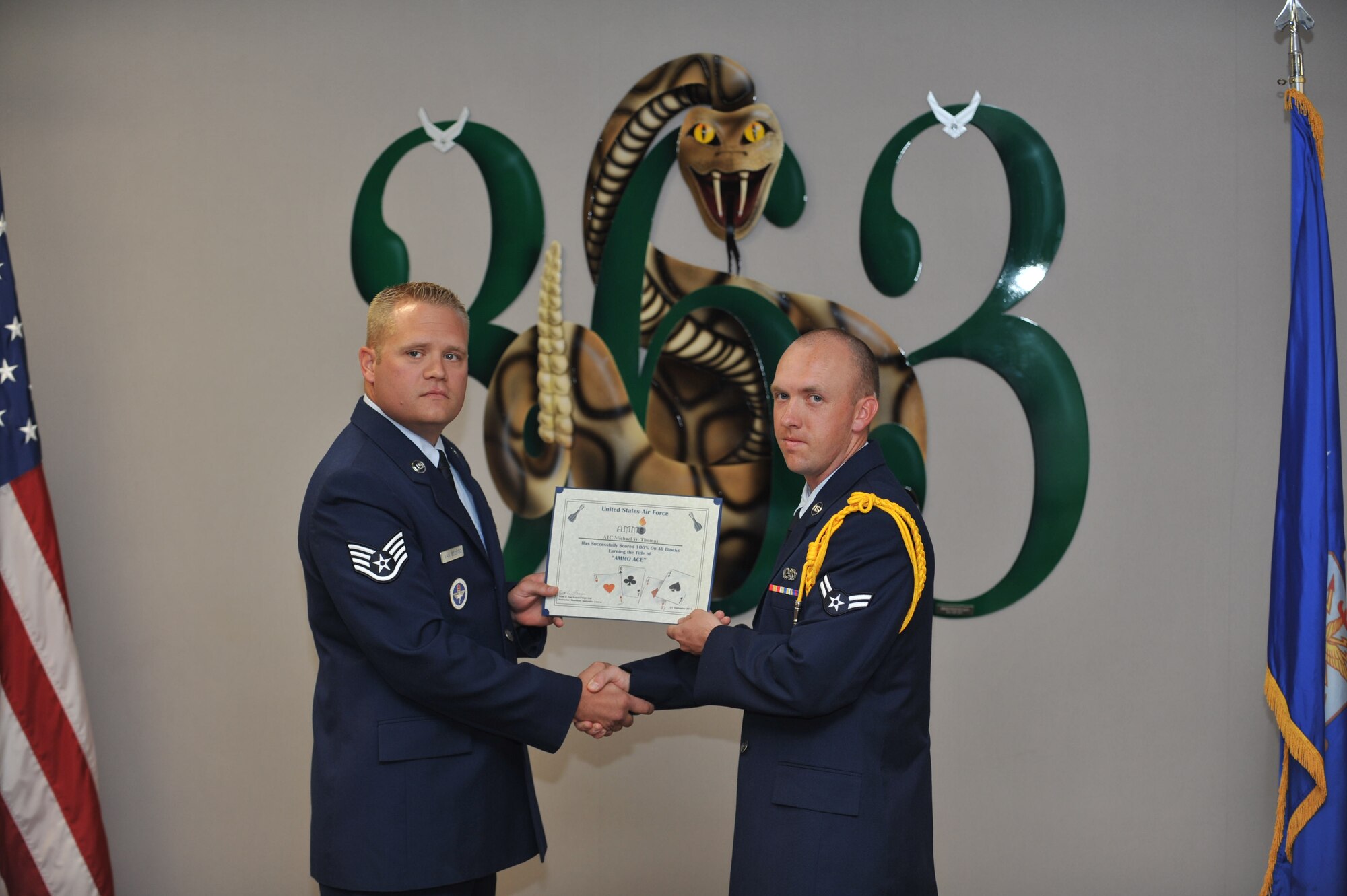 Airman 1st Class Michael Thomas, 363rd Training Squadron munitions systems apprentice course graduate, was one of the two Airmen in his class to maintain a perfect score throughout the entire course, earning him the coveted ACE award. (U.S. Air Force photo/Airman 1st Class Robert L. McIlrath)