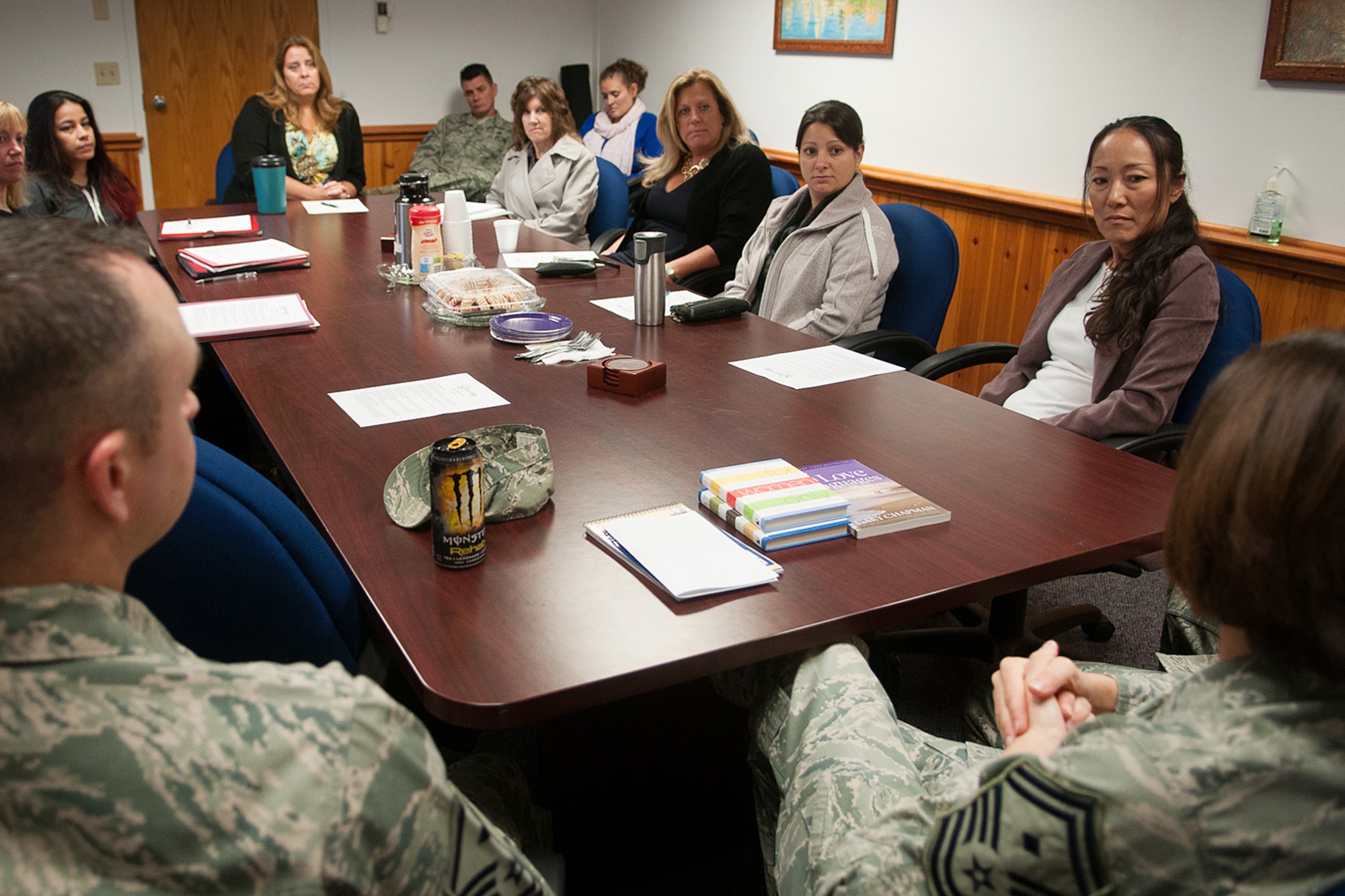 Members of the Key Spouse program meet with Hanscom first sergeants to discuss how to best meet the needs of military families when facing a deployment during the Key Spouse monthly meeting at the Airman and Family Readiness Center Oct. 1. Key Spouses ensure they establish and maintain contact with families of deployed members, provide information and referral to base and community resources and promote individual, family and unit readiness. (U.S. Air Force photo by Linda LaBonte Britt)