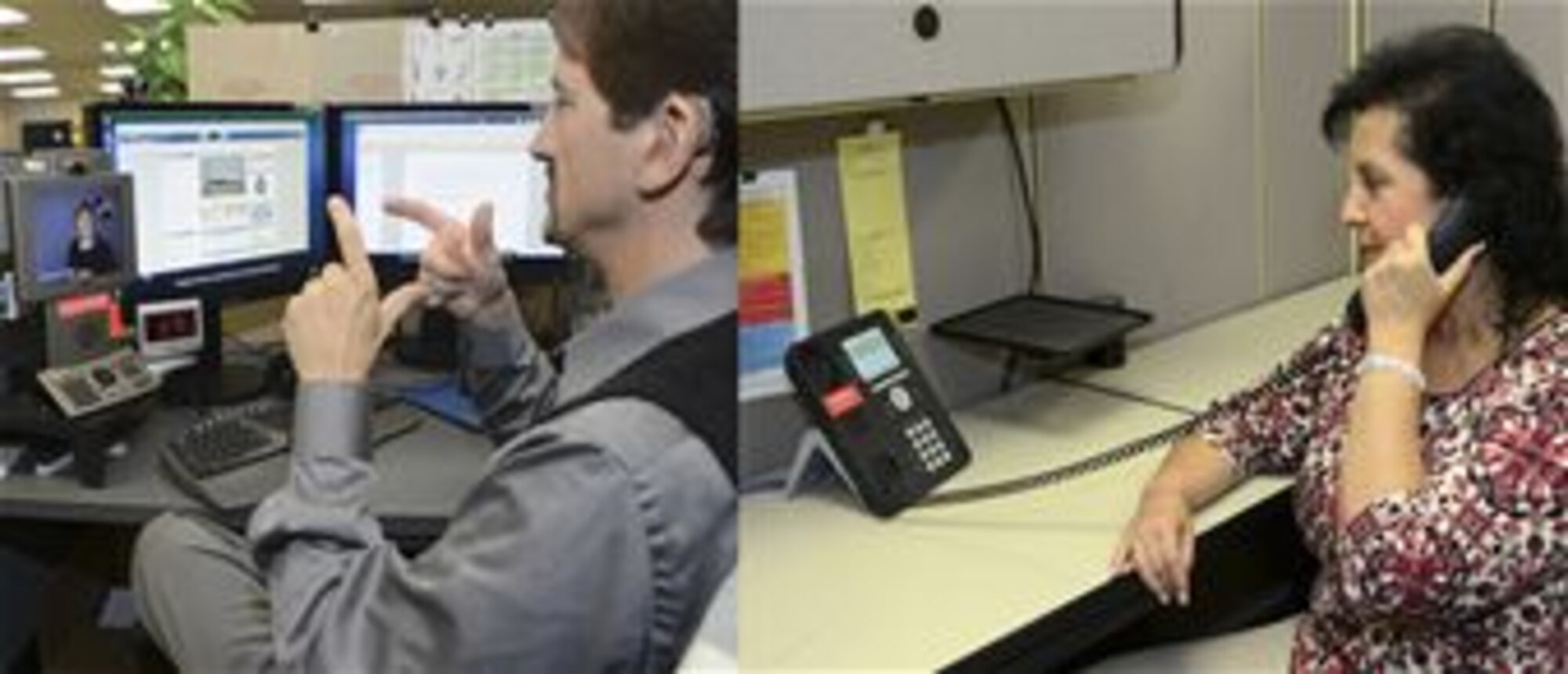 412th Test Wing deaf and hard of hearing employees are connected with a communication assistant (video interpreter) through the video relay service “chat” capability that is seen here on the video screen display in the left photo. The video interpreter engages with Mike Botte, pictured on the left, using sign language and vocally interprets Botte’s American Sign Language for the hearing party, Sandra Stapleton, to the right.  These photos are showing how a hearing person, manager, or co-worker can just pick up their phone to quickly and conveniently communicate with their deaf colleague; whether they are across the building or across the hall. (U.S. Air Force grapic)