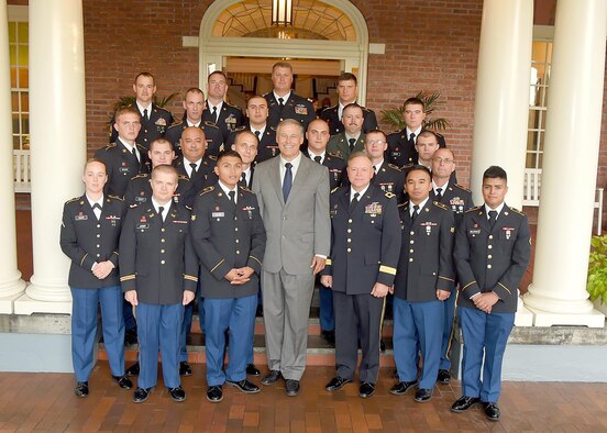 Washington State Gov. Jay Inslee, poses for a photograph with the Army National Guardsmen who assisted with the mud slide in Oso, Washington, at the governor’s mansion in Olympia, Washington, Sept. 29, 2014. The governor hosted a recognition ceremony for National Guardsmen and first responders to recognize their work on the Oso, Washington, slide. (U.S. Army photo/Capt. Joseph Siemandel)