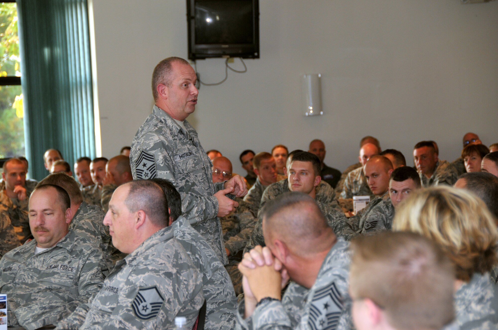 Command Chief Master Sgt. of the Air National Guard James Hotaling held an enlisted town hall meeting during a visit to Stratton Air National Guard Base, New York, on Sept. 30, 2014. He was at the base in preparation for an upcoming trip to Antarctica with the 109th Airlift Wing in support of Operation Deep Freeze. This will be his first trip to the ice. (U.S. Air National Guard photo by Master Sgt. William Gizara/Released)