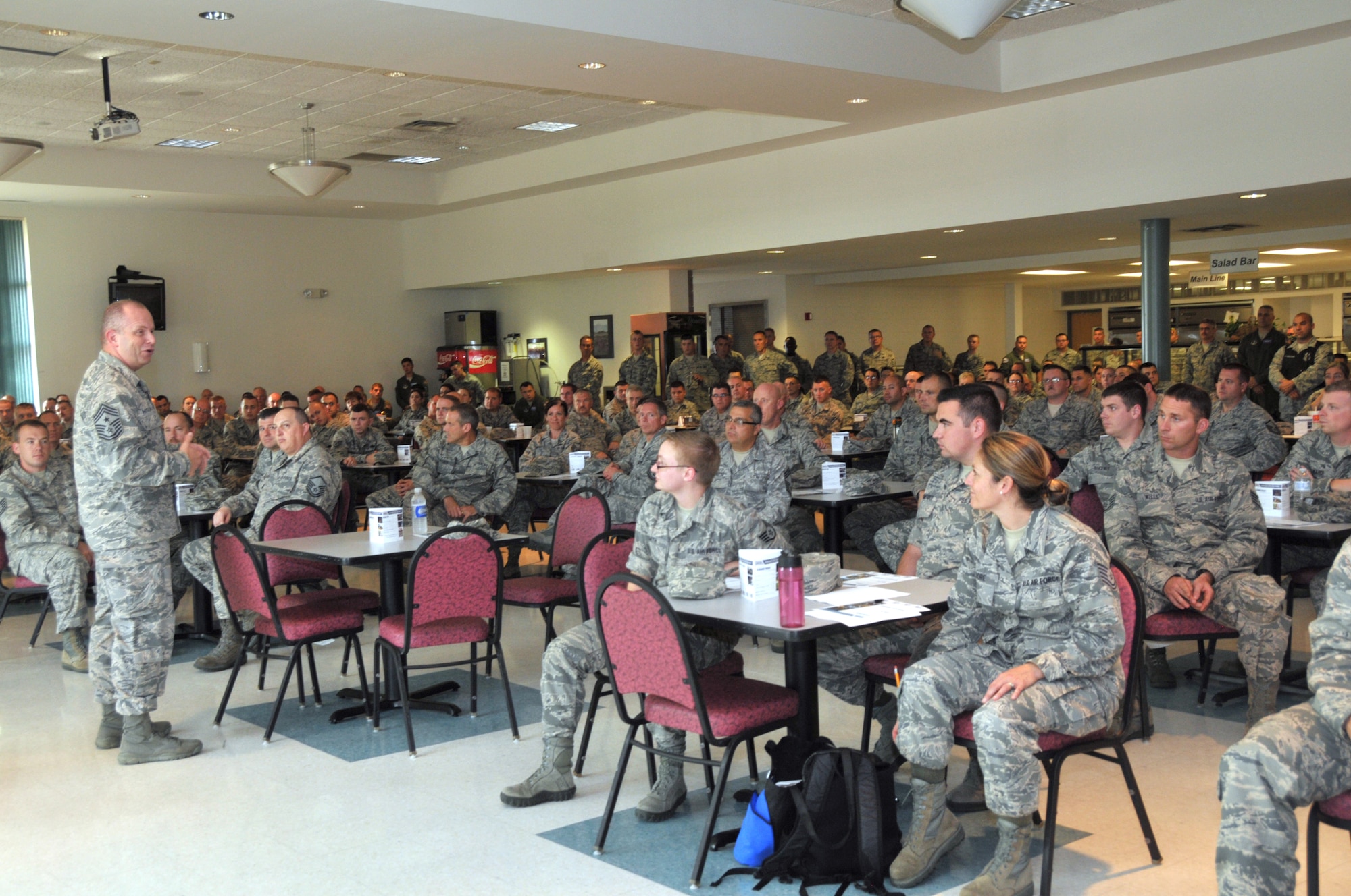 Command Chief Master Sgt. of the Air National Guard James Hotaling held an enlisted town hall meeting during a visit to Stratton Air National Guard Base, New York, on Sept. 30, 2014. He was at the base in preparation for an upcoming trip to Antarctica with the 109th Airlift Wing in support of Operation Deep Freeze. This will be his first trip to the ice. (U.S. Air National Guard photo by Master Sgt. William Gizara/Released)