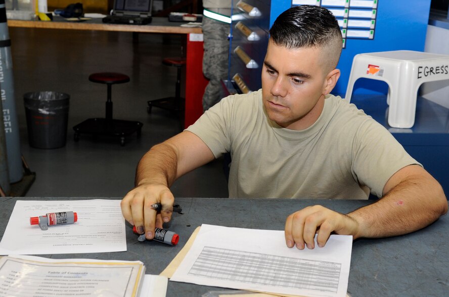 U.S. Air Force Airman 1st Class Shawn Kukral, 18th Component Maintenance Squadron egress systems apprentice, fills out a time change worksheet for a gas shielded mild detonator cord on Kadena Air Base, Japan, Sept. 30, 2014. The egress shop tracks all explosives they use, both manually and electronically with the integrated maintenance data system to confirm whether or not the explosives are serviceable. (U.S. Air Force photo by Senior Airman Marcus Morris/Released)