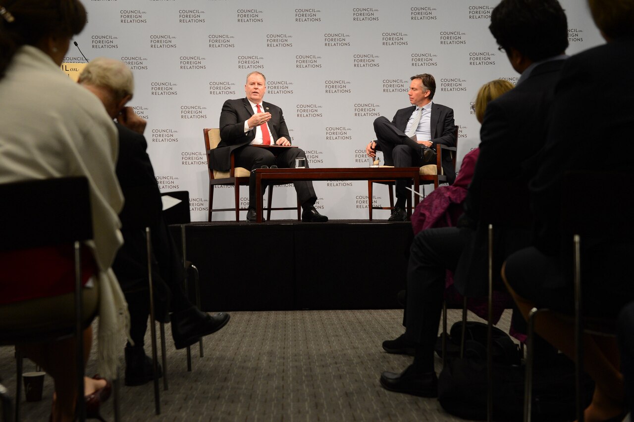 Deputy Secretary of Defense Bob Work, left, speaks to CNN’s James Sciutto, right, at the Council on Foreign Relations in Washington, D.C., September 30, 2014.  DoD photo by Petty Officer 2nd Class Sean Hurt
