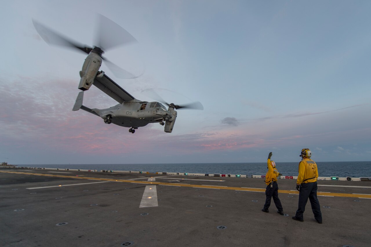 A MV-22 Osprey aircraft rises from the flight deck of the amphibious assault ship USS Makin Island. U.S. Navy photo by Petty Officer 2nd Class Christopher Lindahl