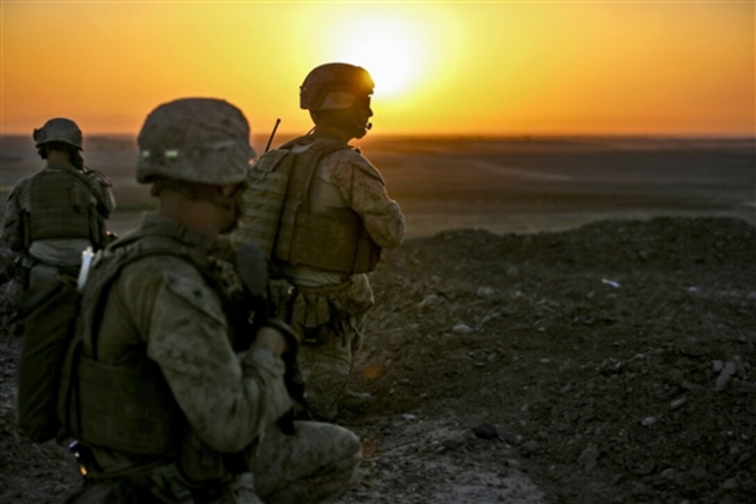 U.S. Marines observe surrounding compounds during a security patrol in Washir district in Helmand province, Afghanistan, Sept. 29, 2014. The Marines are assigned to Bravo Company, 1st Battalion, 2nd Marine Regiment. The Marines patrolled to disrupt enemy operations against the Bastion-Leatherneck Complex.