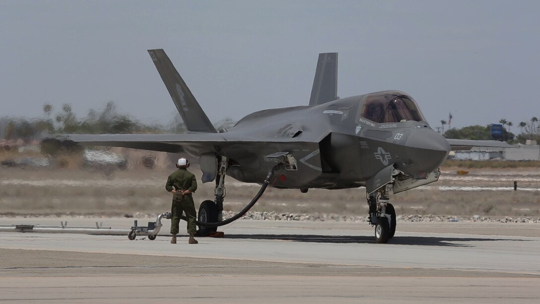 An F-35B Lightning II, with Marine Fighter Attack Squadron (VMFA) 121 “Green Knights,” refuels on the flight line aboard Marine Corps Air Station Yuma, Arizona, Aug. 18. The Lightning II is scheduled to show off its capabilities during demonstrations at the 2014 Miramar Air Show, Oct. 3-5. 