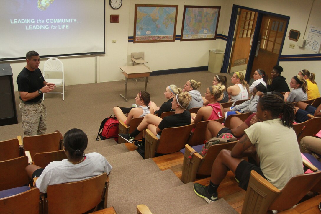U.S. Marine Corps Maj. Gabriel L. Diana, the commanding officer of Recruiting Station Charleston, speaks to members of the University of Charleston’s women’s basketball team during a leadership seminar conducted in Charleston, West Virginia Sept. 28, 2014. The seminar taught the athletes about Marine Corps leadership, how to apply it in sports and about the Marine Corps in general.(U.S. Marine Corps photo by Sgt. Tyler Hlavac/Released)