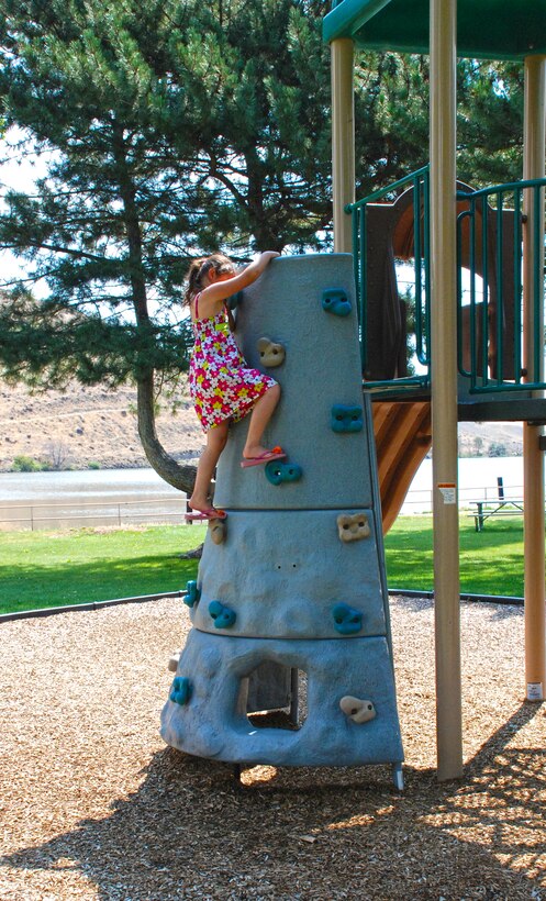 Stelly enjoys the climbing on Lepage Park's playground equipment.