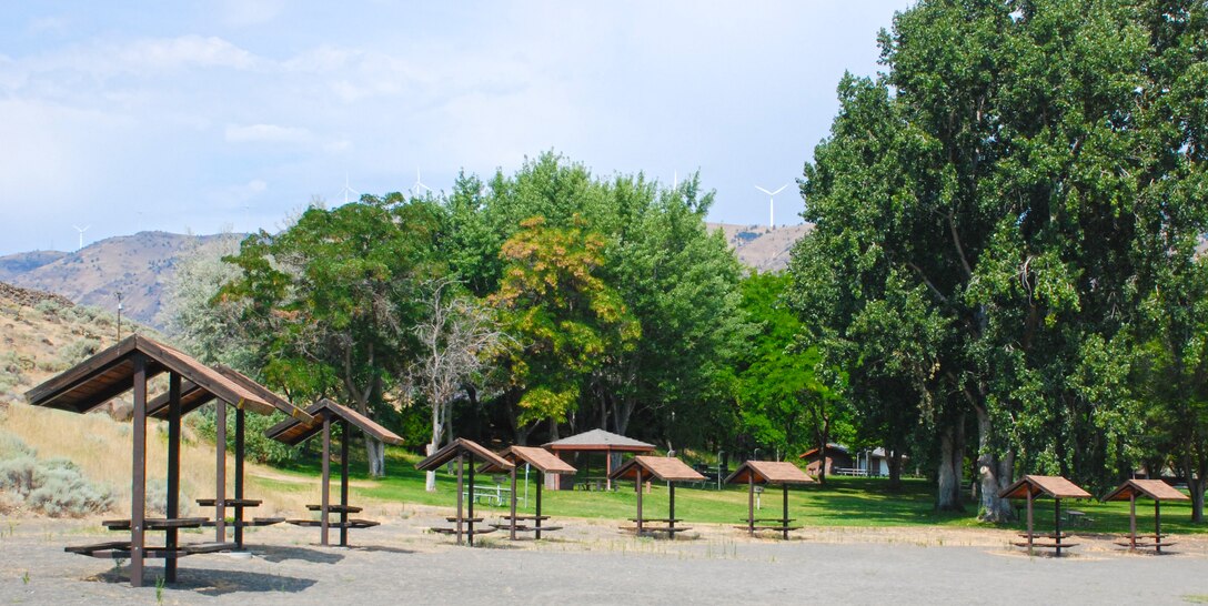 These covered picnic tables are some of the recreation amenities available at Lepage Park.