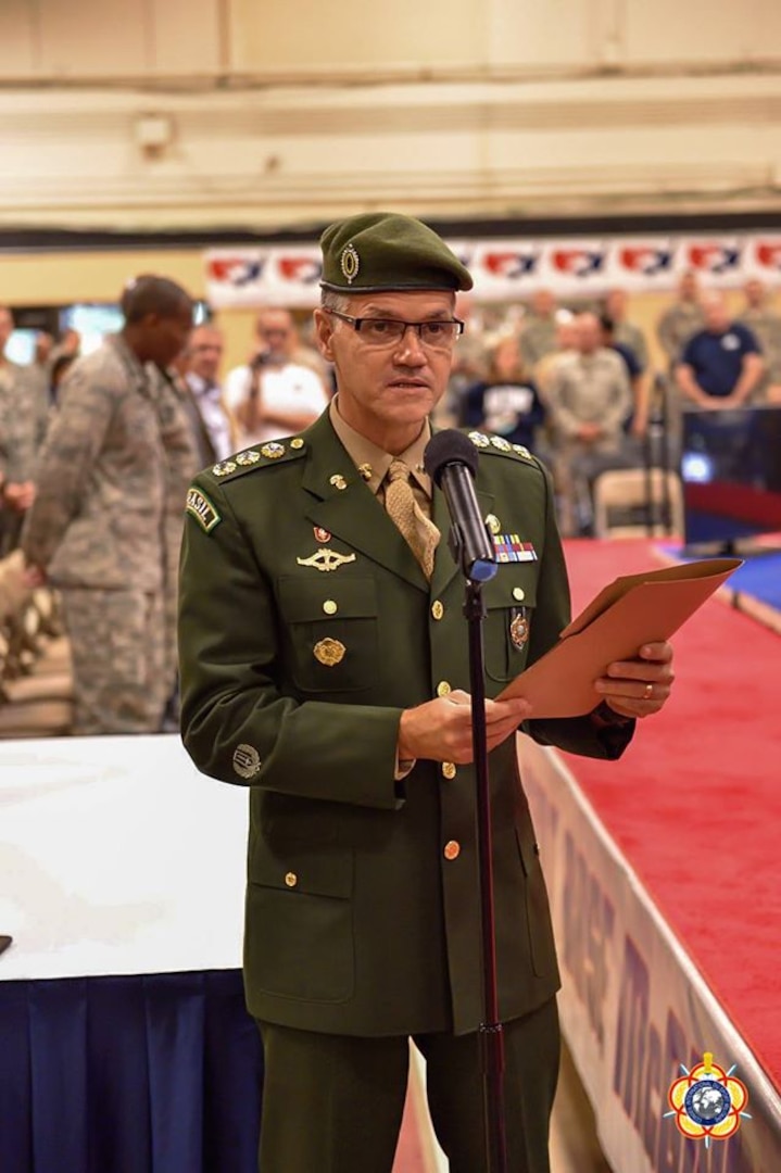 Colonel Jorge Ribeiro (Brazil), official CISM representative, officially opens the 29th CISM World Military Wrestling Championship at Joint Base McGuire-Dix-Lakehurst (MDL), New Jersey 1-8 October