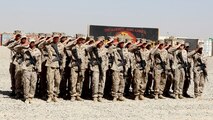 Marines with Charley Company, 1st Battalion, 7th Marine Regiment, render honors to Brig. Gen. Daniel D. Yoo, commander, Regional Command and Marine Expeditionary Brigade–Afghanistan, during the battalion’s transfer of authority ceremony aboard Tactical Base Dwyer, Afghanistan, Oct. 1, 2014. The ceremony signified the battalion’s transfer of authority of the base and their area of responsibility to 3rd Squadron, 3rd Cavalry Regiment, a U.S. Army command based out of Fort Hood, Texas. The ceremony also meant the end of combat operations for 7th Marines – a regiment which has been actively supporting Operation Enduring Freedom for several years.