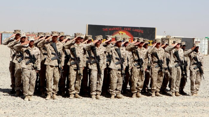 Marines with Charley Company, 1st Battalion, 7th Marine Regiment, render honors to Brig. Gen. Daniel D. Yoo, commander, Regional Command and Marine Expeditionary Brigade–Afghanistan, during the battalion’s transfer of authority ceremony aboard Tactical Base Dwyer, Afghanistan, Oct. 1, 2014. The ceremony signified the battalion’s transfer of authority of the base and their area of responsibility to 3rd Squadron, 3rd Cavalry Regiment, a U.S. Army command based out of Fort Hood, Texas. The ceremony also meant the end of combat operations for 7th Marines – a regiment which has been actively supporting Operation Enduring Freedom for several years.