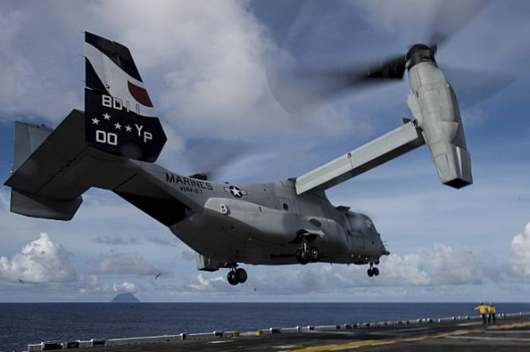 PACIFIC OCEAN (Aug. 16, 2014) An MV-22 Osprey attached to Marine Medium Tiltrotor Squadron (VMM) 163 (Reinforced) launches from the flight deck of amphibious assault ship USS Makin Island (LHD 8). Makin Island, the flagship of the Makin Island Amphibious Ready Group, is on a scheduled deployment with the 11th Marine Expeditionary Unit (11th MEU) to the U.S. 7th and 5th Fleet areas of responsibility. (U.S. Navy photo by Mass Communication Specialist 2nd Class Christopher Lindahl/Released)                                                                                                                                     