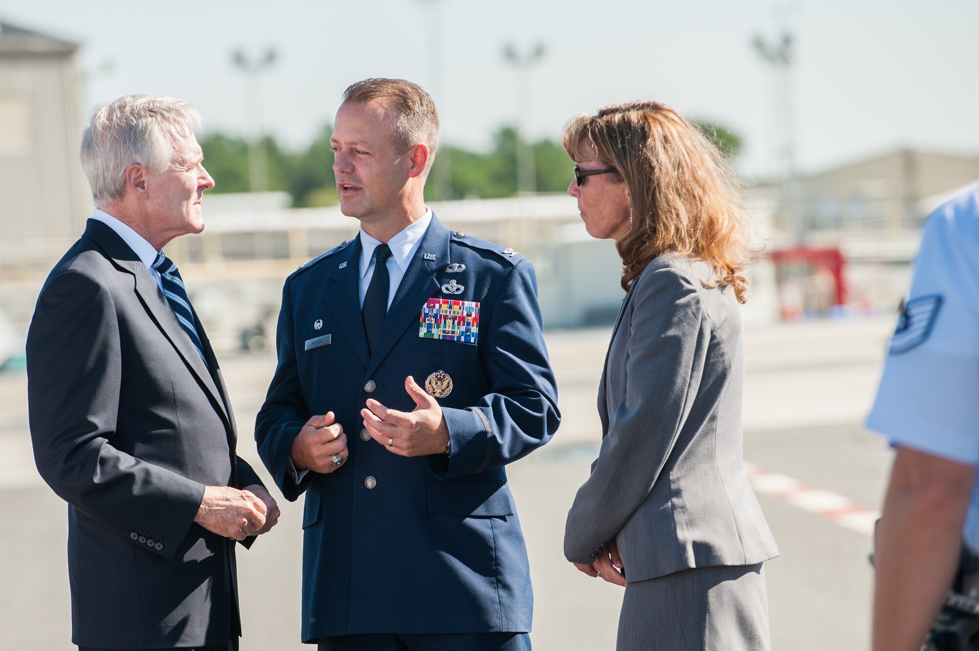 Ray Mabus, Secretary of the Navy, discusses the electromagnetic aircraft launch system capabilities with Col. James Hodges, Joint Base McGuire-Dix-Lakehurst and 87th Air Base Wing commander, and Kathleen Donnelly, Navy Support Equipment and Aircraft Launch and Recovery Equipment senior executive, during an EMALS dead load launch Sept. 26, 2014. (U.S. Air Force photo by Russ Meseroll/Released)