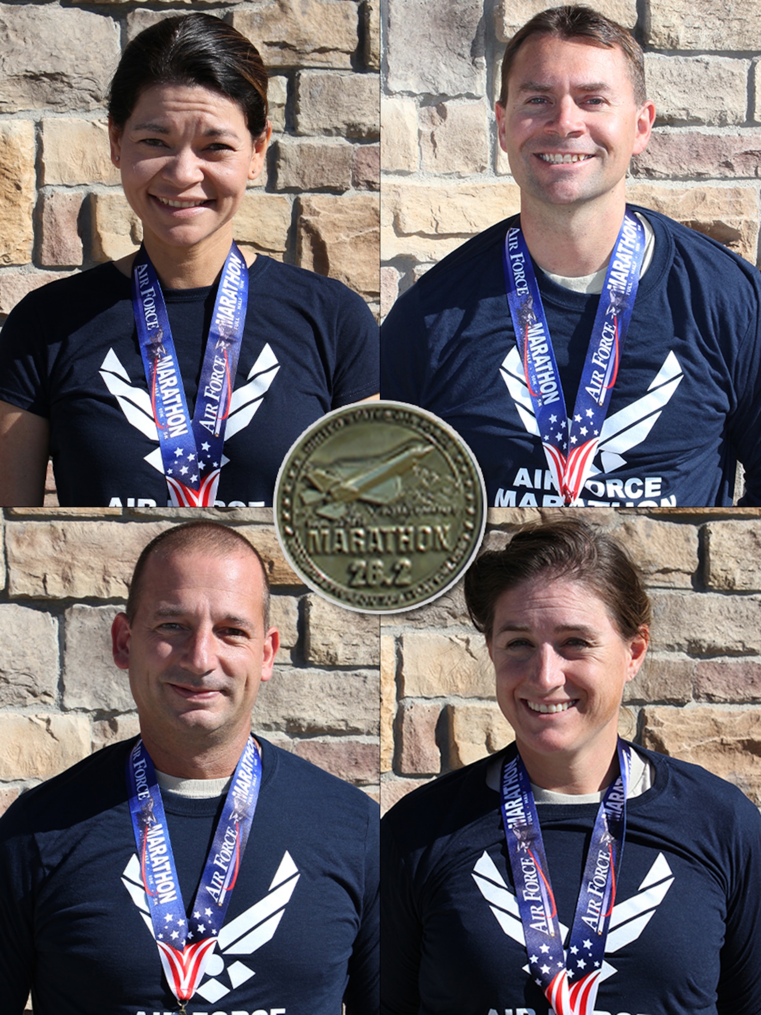 Cutline:  Four ARPC athletes participated in the 2014 U.S. Air Force Marathon. They are, from left to right, top to bottom, Lt. Col. Belinda Petersen, Staff Sgt. Luke Mostoller, Chief Master Sgt. James Kirkley and Maj. Nicole Pfirrmann. (Photo illustration by Master Sgt. Timm Huffman)