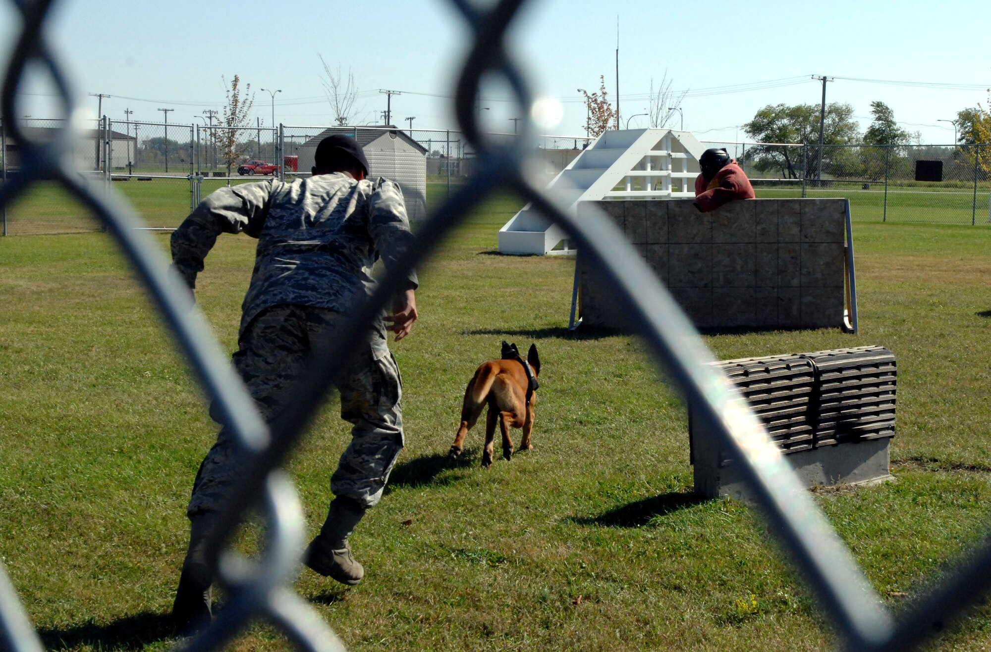 A 319th Security Forces Squadron military working dog handler releases his MWD to subdue a fleeing suspect during a MWD exhibit for Retiree Appreciation Day Sept. 27, 2014 on Grand Forks Air Force Base, N.D. The MWD demonstration was one of several activities featured in this year’s Retiree Appreciation Day. (U.S. Air Force photo/Staff Sgt. Susan L. Davis)