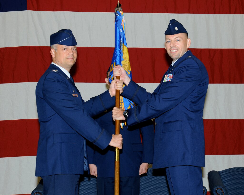 Lt. Col Larry "Curious" George takes command of the 43rd Flying Training
Squadron at Columbus Air Force Base, Mississippi, July 31, 2014 in a ceremony officiated by Col Brian Bowman, 340th Flying Training Group commander. 