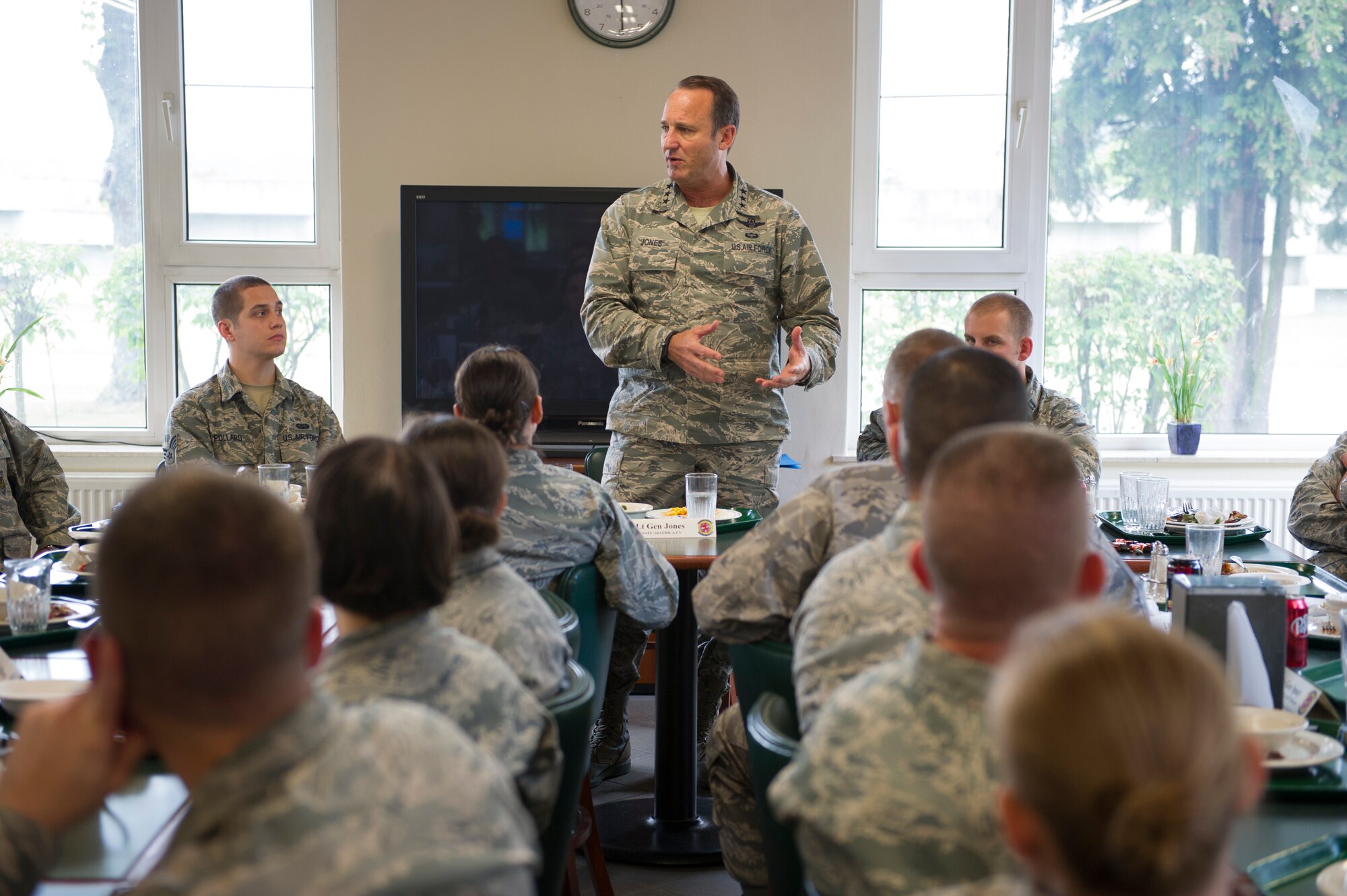 KLEINE BROGEL AIR BASE, Belgium -- Lt. Gen. Tom Jones, U.S. Air Forces in Europe and Air Forces Africa vice commander, speaks to Airmen at the dining facility during a visit to the 701st Munitions Support Squadron at Kleine Brogel Air Base, Belgium, Sept. 30, 2014. The vice commander and other senior members of the USAFE-AFAFRICA staff visited munitions support squadrons at three locations to receive mission briefs and updates on current challenges at the locations. (U.S. Air Force photo by/Tech. Sgt. Benjamin Wilson)