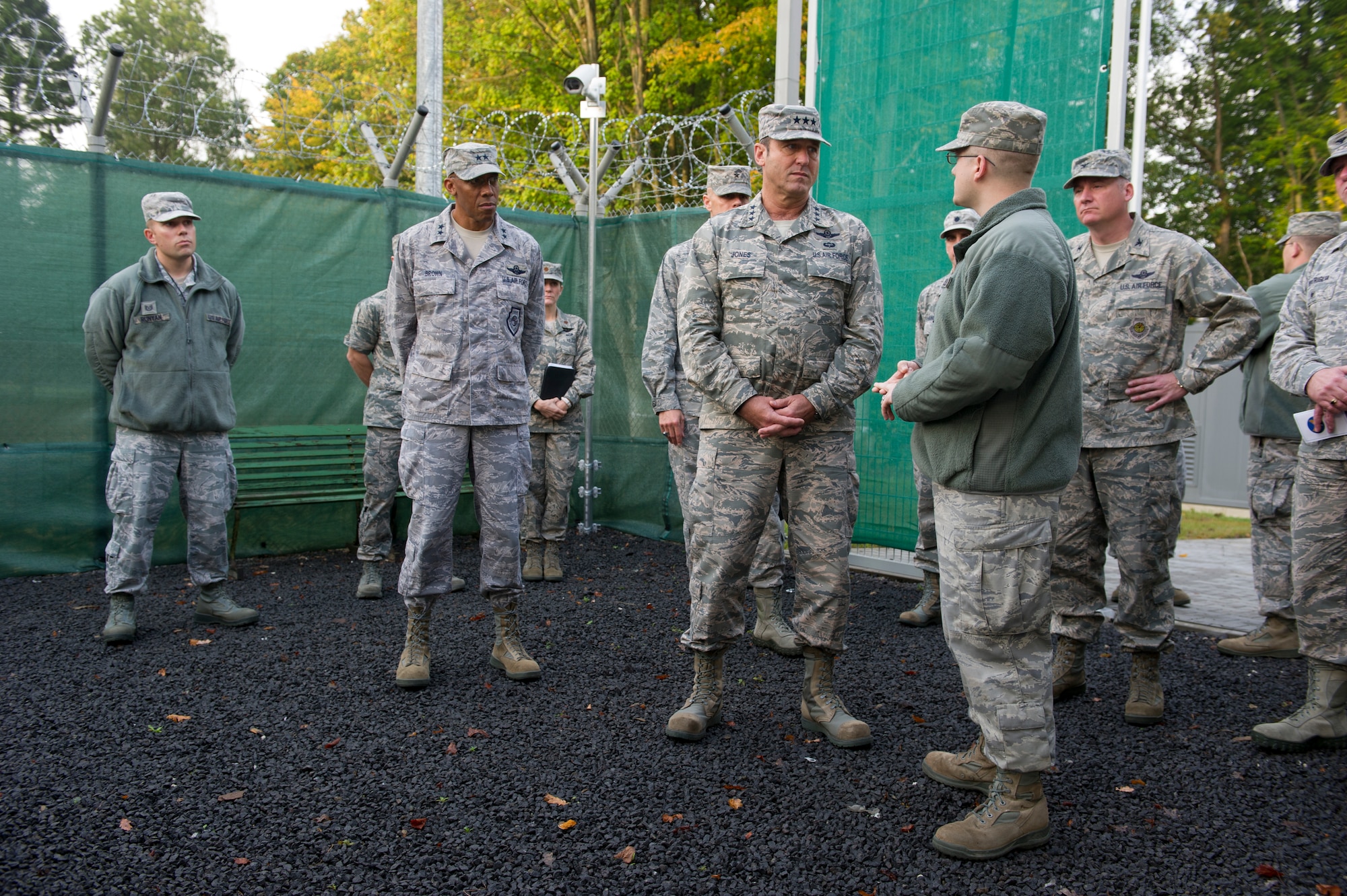 BUECHEL AIR BASE, Germany -- Staff Sgt. Justin Stone, 702nd Munitions Support Squadron radio frequency systems technician, briefs Lt. Gen. Tom Jones, U.S. Air Forces in Europe and Air Forces Africa vice commander, on the communications systems uses at Buechel Air Base, Germany, Sept. 30, 2014. The vice commander and other senior members of the USAFE-AFAFRICA staff visited munitions support squadrons at three locations to receive mission briefs and updates on current challenges at the locations. (U.S. Air Force photo by/Tech. Sgt. Benjamin Wilson)