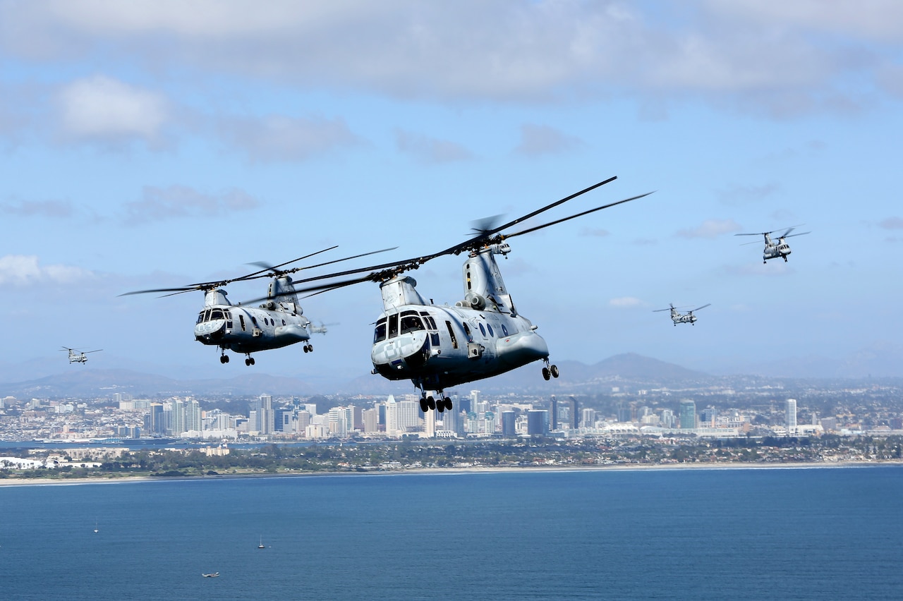 U.S. Marines with Marine Medium Helicopter Squadron 364, Marine Aircraft Group 39, 3rd Marine Aircraft Wing, fly CH-46E Sea Knight helicopters over San Diego, March 31, 2014. After 47 years of flying the CH-46, HMM-364 will transition to the MV-22 Osprey. U.S. Marine Corps photo by Sgt. Keonaona C. Paulo