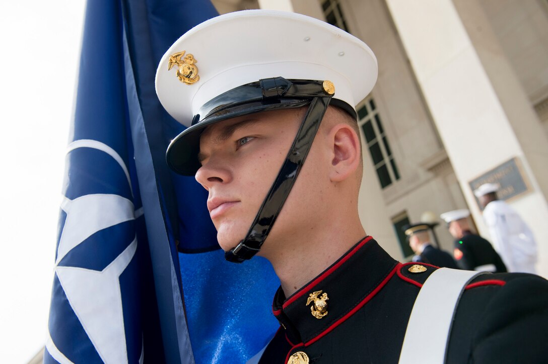 An honor guard member holds the NATO flag in preparation for a honor cordon for Danish Army Gen. Knud Bartels, chairman of NATO’s Military Committee, outside the Pentagon in Washington, D.C., Oct. 2, 2014.