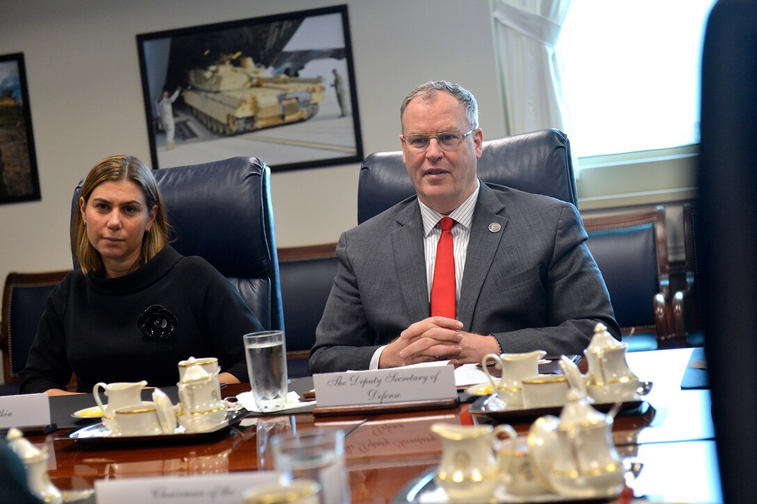 U.S. Deputy Defense Secretary Bob Work hosts a meeting with Danish Army Gen. Knud Bartels, chairman of NATO’s Military Committee, at the Pentagon, Oct. 2, 2014.