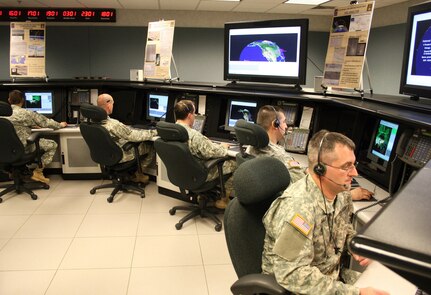 Alaska National Guard members of Bravo Crew, 49th Missile Defense Battalion operate the ground-based midcourse defense portion of the Ballistic Missile Defense System May 5, 2007, at Fort Greely, Alaska. The system has been manned 24/7 since achieving limited defensive capability in 2004. (Photo by Army Sgt. Jack W. Carlson III, Alaska Army National Guard)