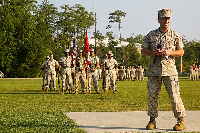 Lieutenant Col. Kenneth G. Lee, the battalion commander of the 2nd Transportation Support Battalion, Combat Logistics Regiment 2, 2nd Marine Logistics Group, and native of Grand Terrace, Calif., speaks to his Marines, sailors and guests during the 2nd Transportation Support Battalion activation ceremony, Oct. 2, 2014. The mission of the 2nd TSB is to provide transportation and support for the II Marine Expeditionary Force in order to facilitate the distribution of personnel, equipment and supplies by air, land and sea. (Marine Corps photo by Lance Cpl. Michelle M. Reif / Released)